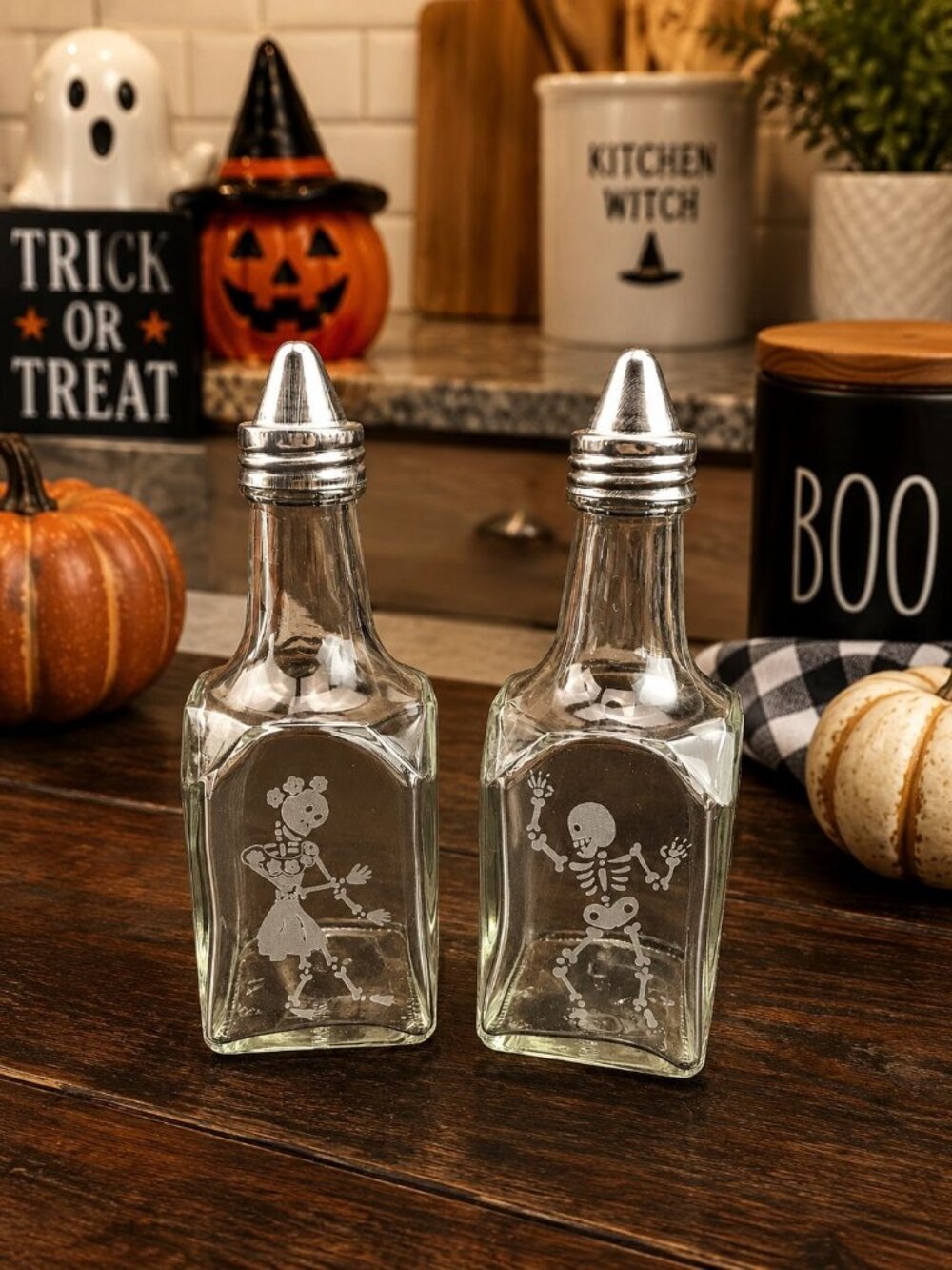 Skeleton Etched Glass Oil  Vinegar Halloween Dispensers Bottles Metal Set Of 2